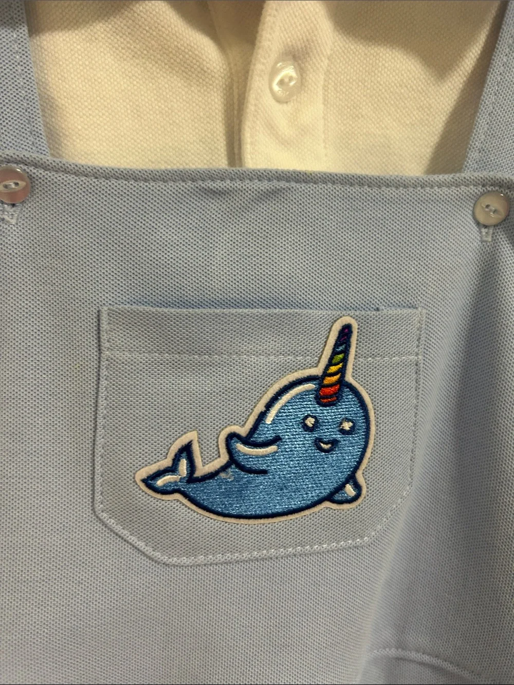 Little English Light Blue Narwhal Shortall Overalls